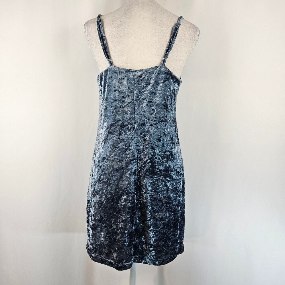 Emory Park Blue Shimmer Crushed Velvet Deep Tasseled V-Neck Stretch Mini Dress S - Picture 2 of 14